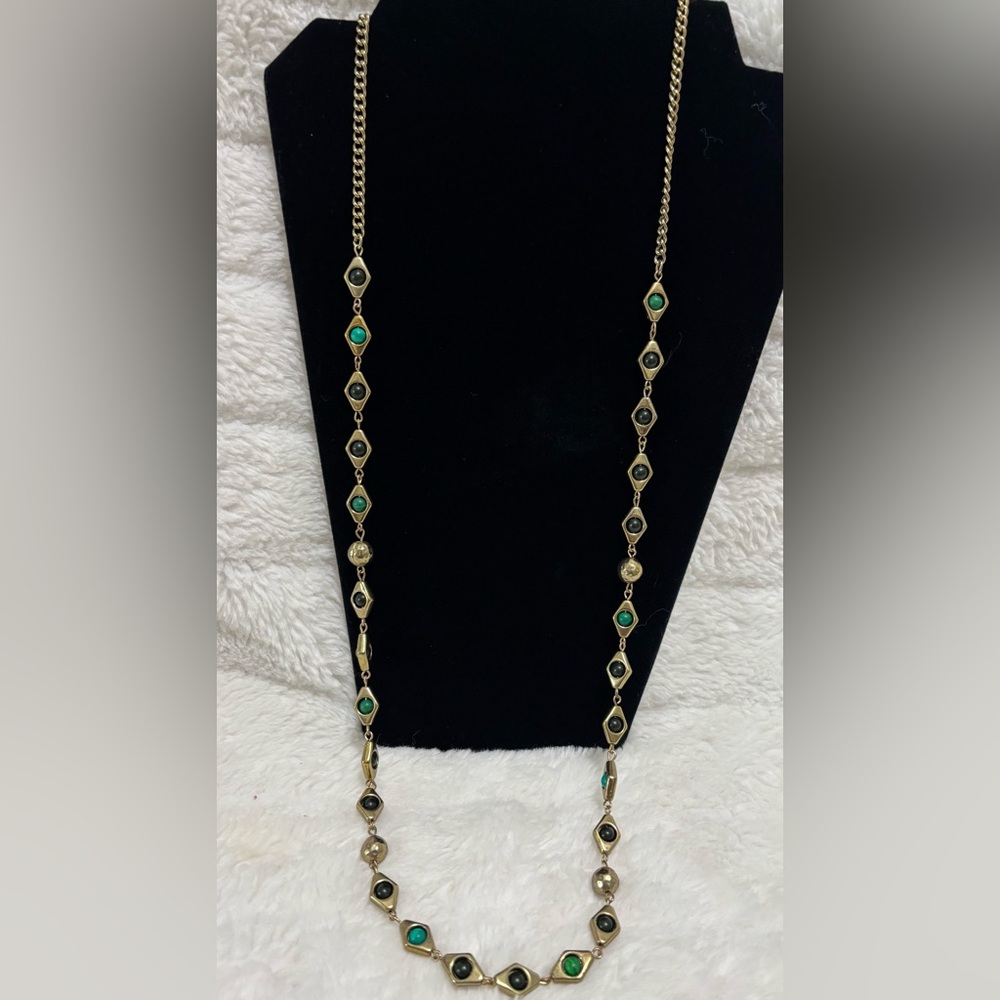 Chico's Remey Gold Tone Link Chain Necklace Green Black Stones Gold Balls